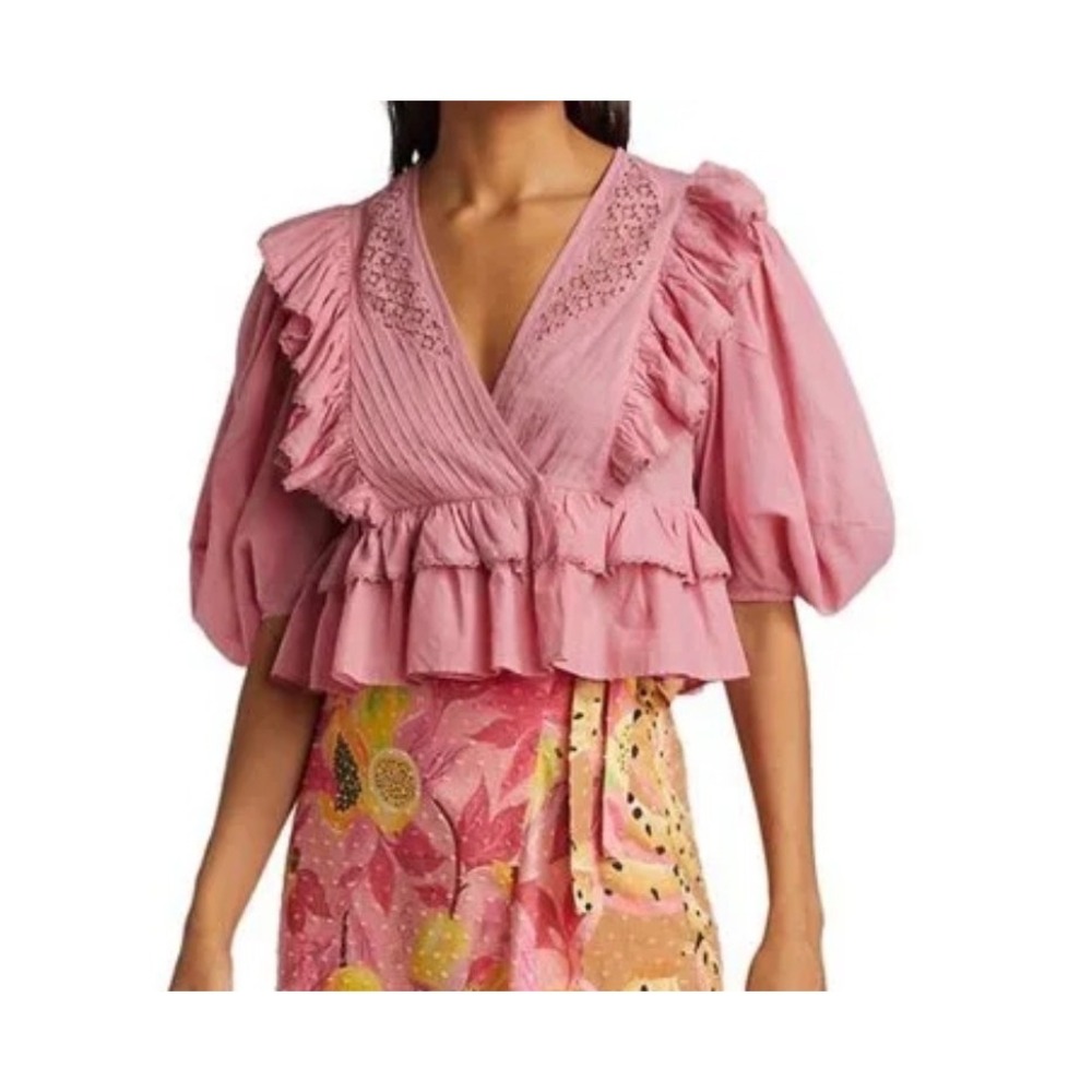 Farm Rio Blush Pink Wrap Blouse Top‎ Puff Sleeve Size XS Excellent Condition